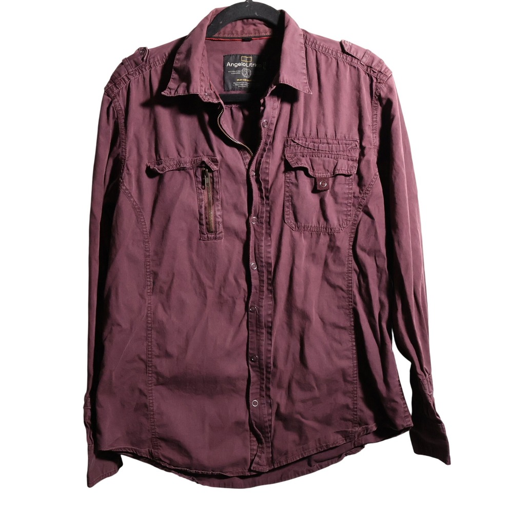 Angelo Litrico Mens Burgundy Cotton‎ Snap Button Up Top L Utility Grunge Y2K